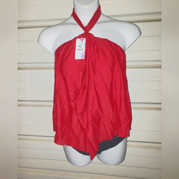 Plus Size 18 2x Womens Red One piece Halter High Neck Swimsuit Swim Black Red - Picture 1 of 5